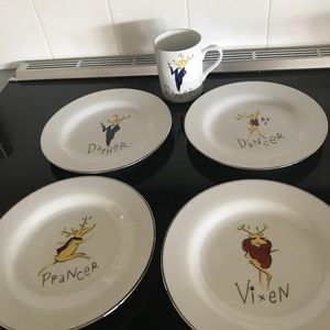 POTTERY BARN REINDEER 4 DESSERT SALAD PLATES & MUG DASHER DANCER PRANCER VIXEN